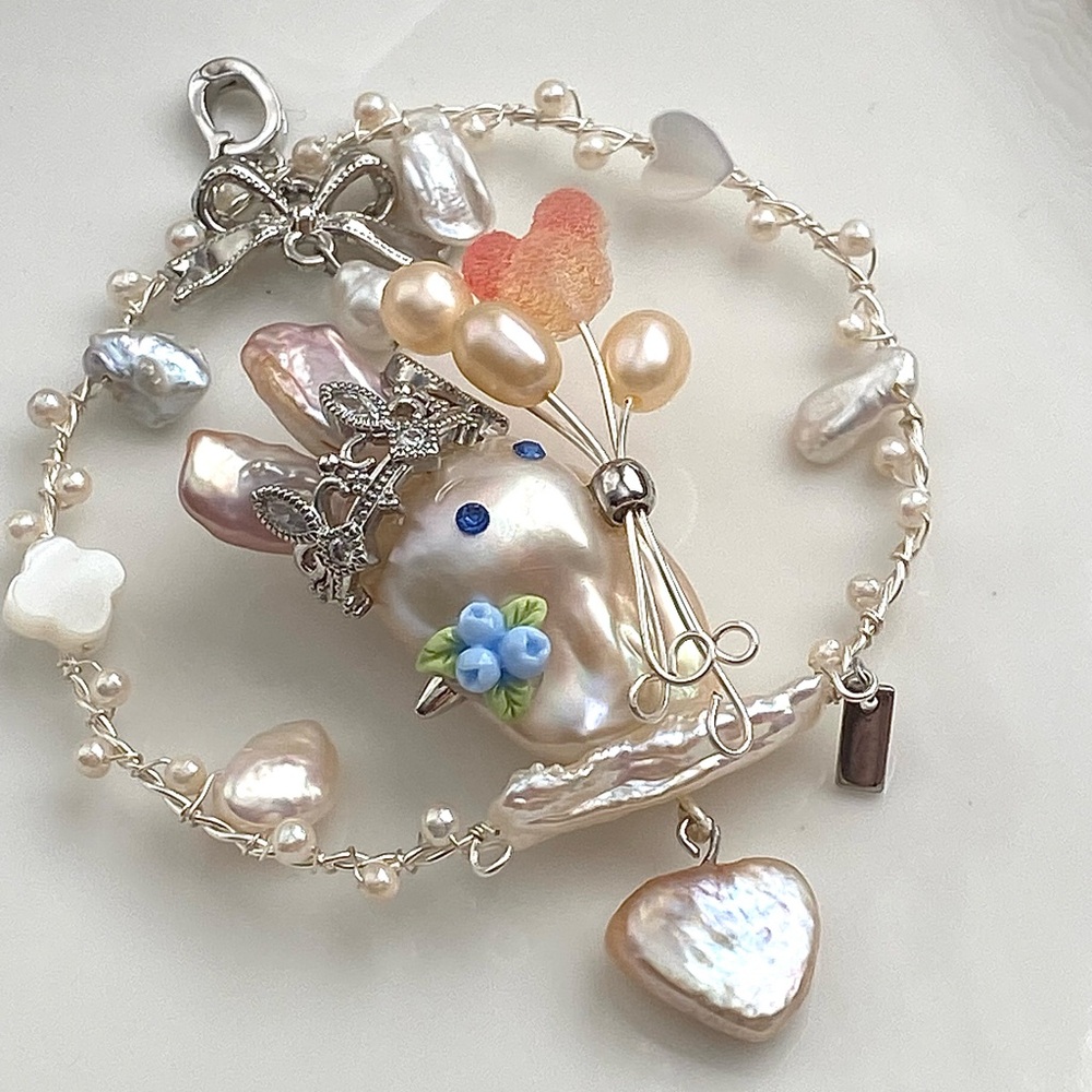 P230-Handmade Premium Flameball Pearl Bunny Detachable Pendant - Picture 2 of 15